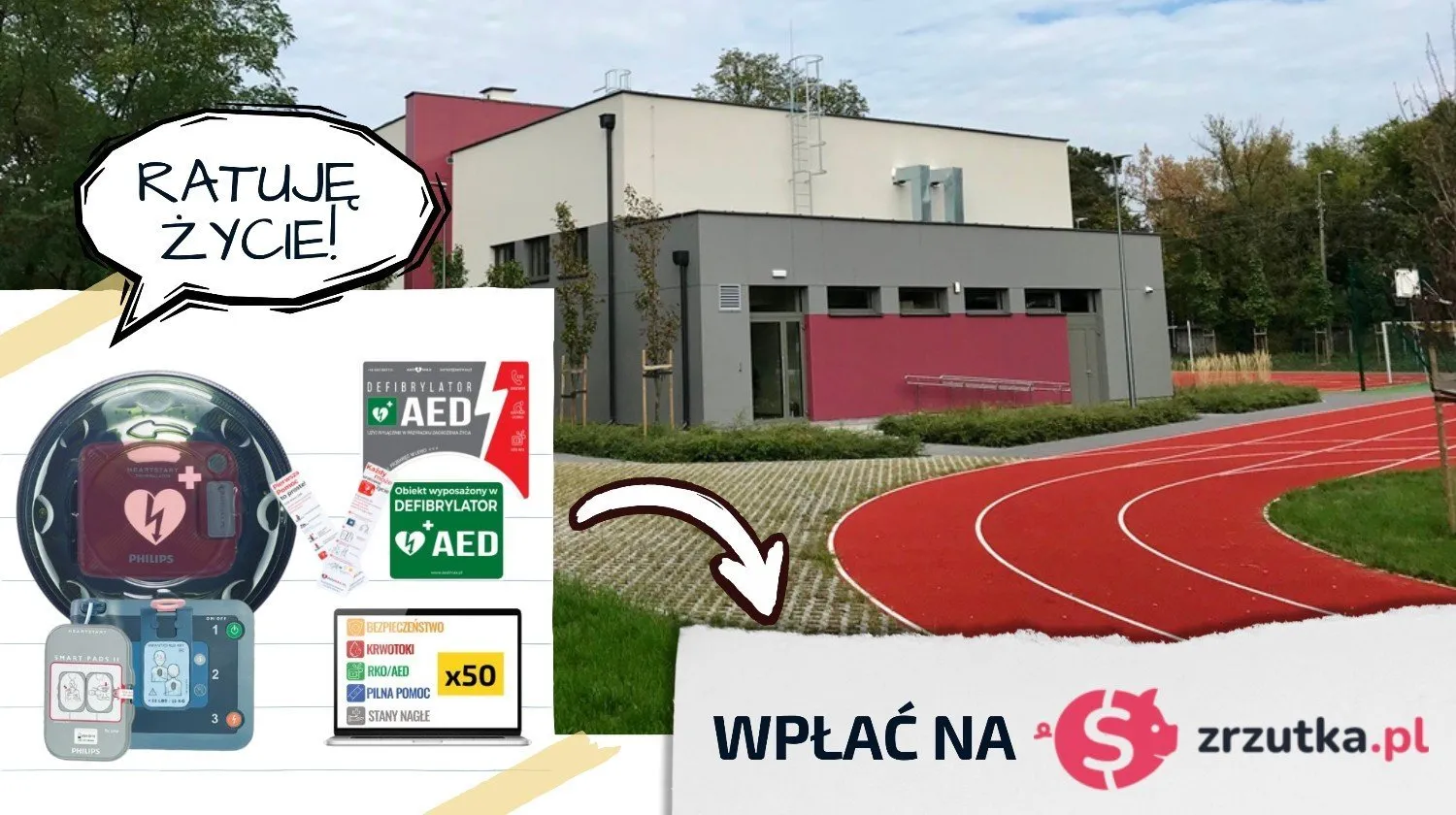 Grafika budynku ZSS 102 i informacji o zrzutce na defibrylator