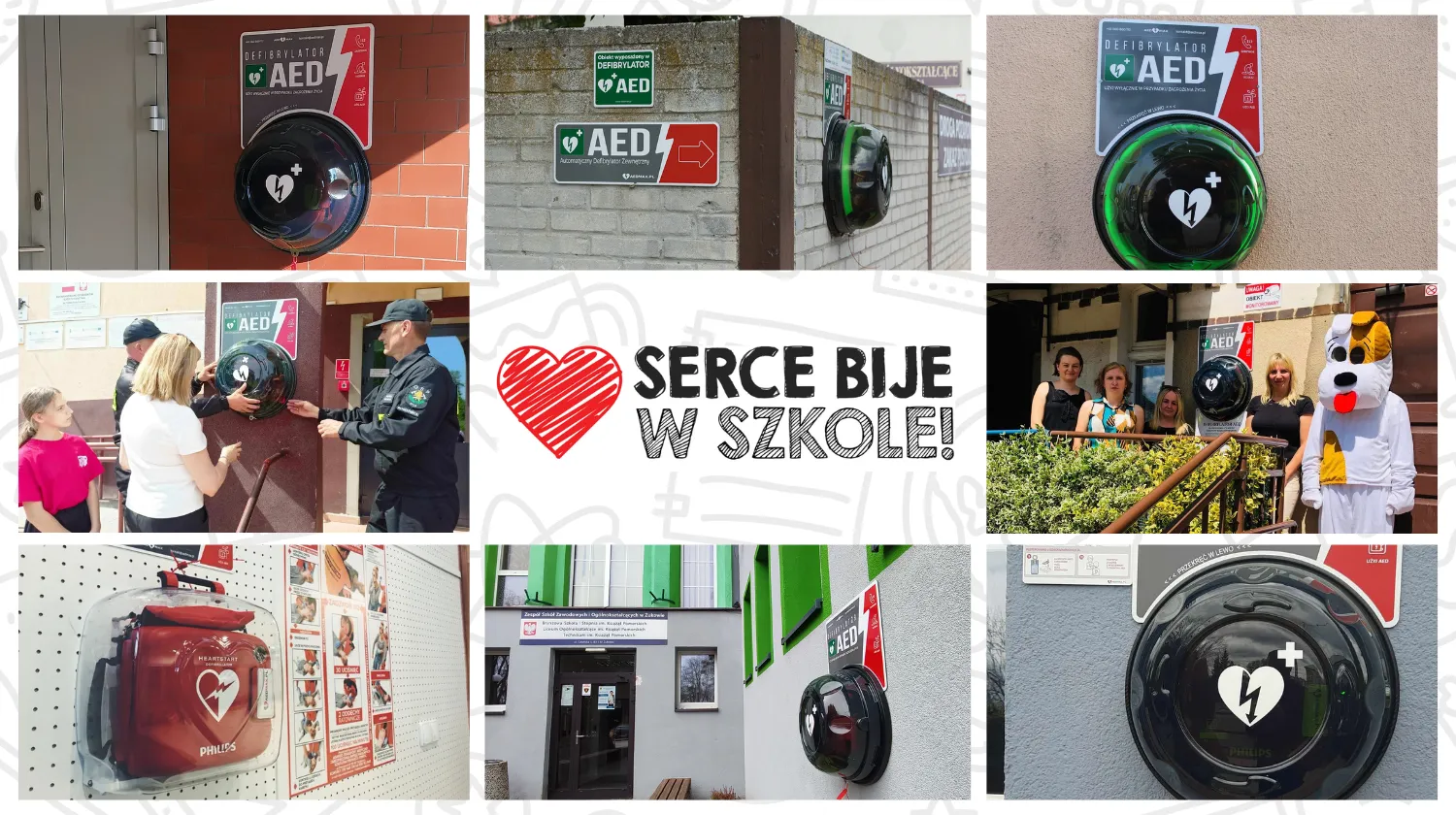 Grafika budynku ZSS 102 i informacji o zrzutce na defibrylator