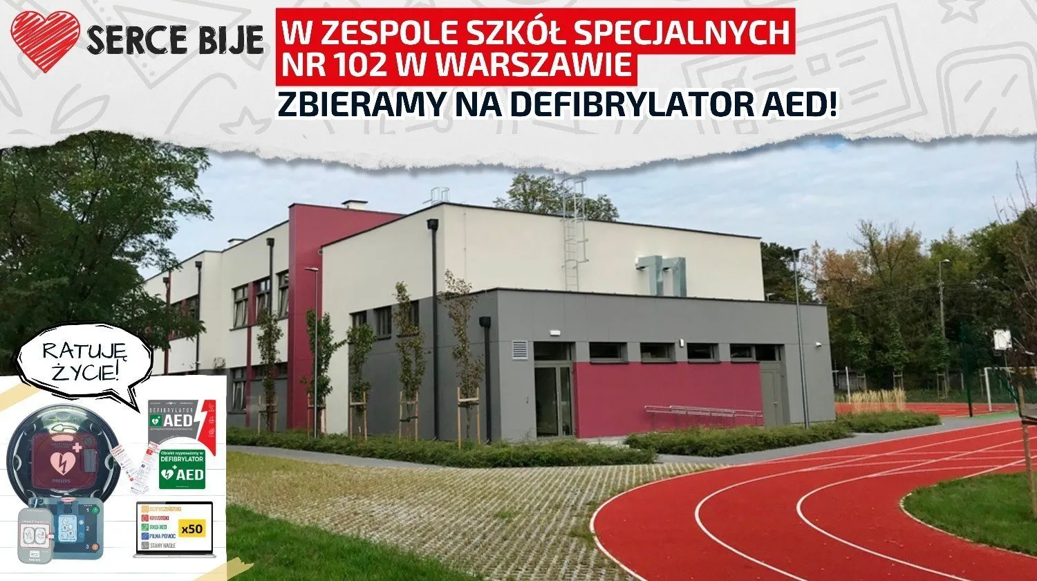 Grafika budynku ZSS 102 i informacji o zrzutce na defibrylator